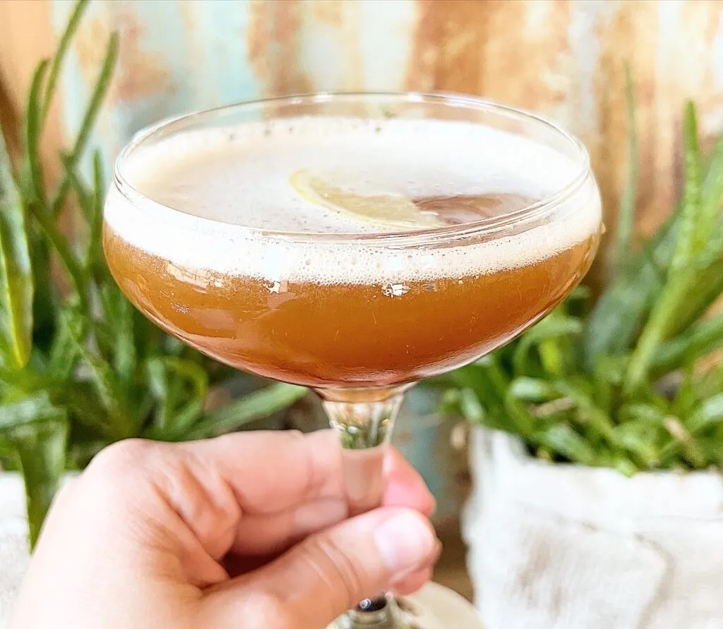 holding a cocktail in front of rustic metal background