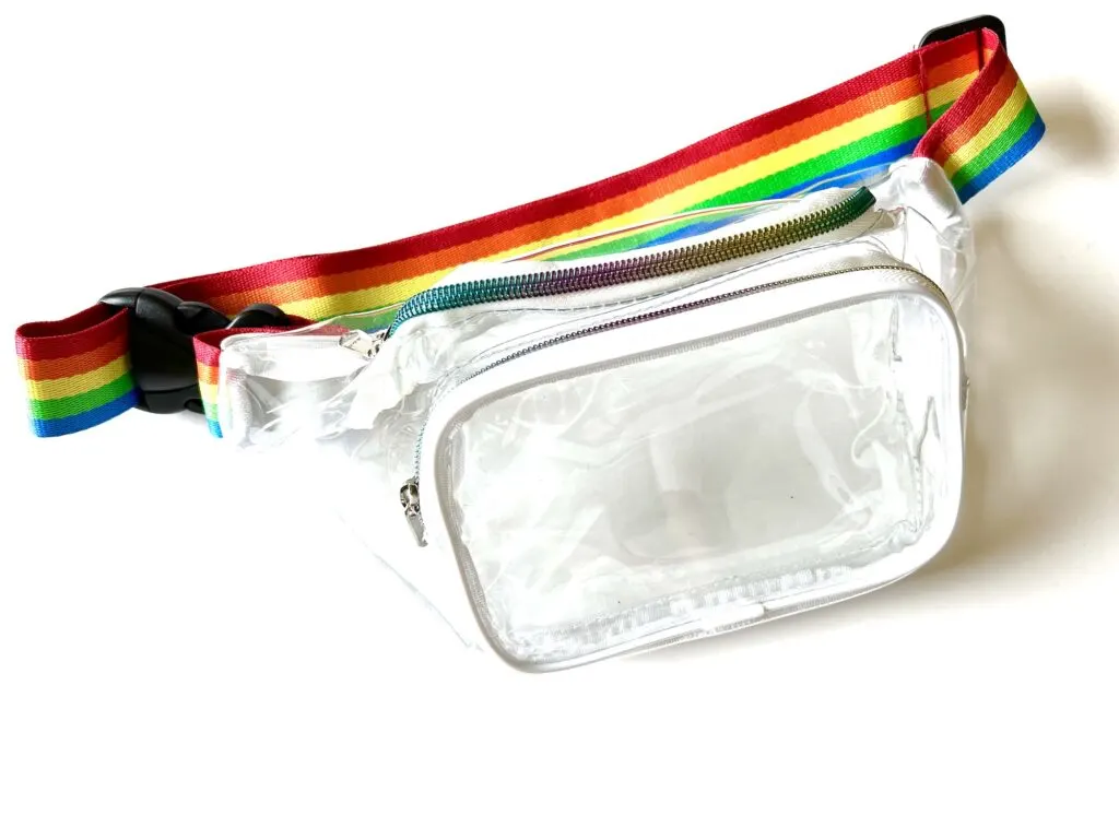 clear fanny pack with rainbow belt