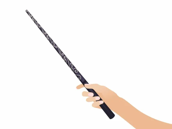 cartoon hand holding a Harry Potter wand