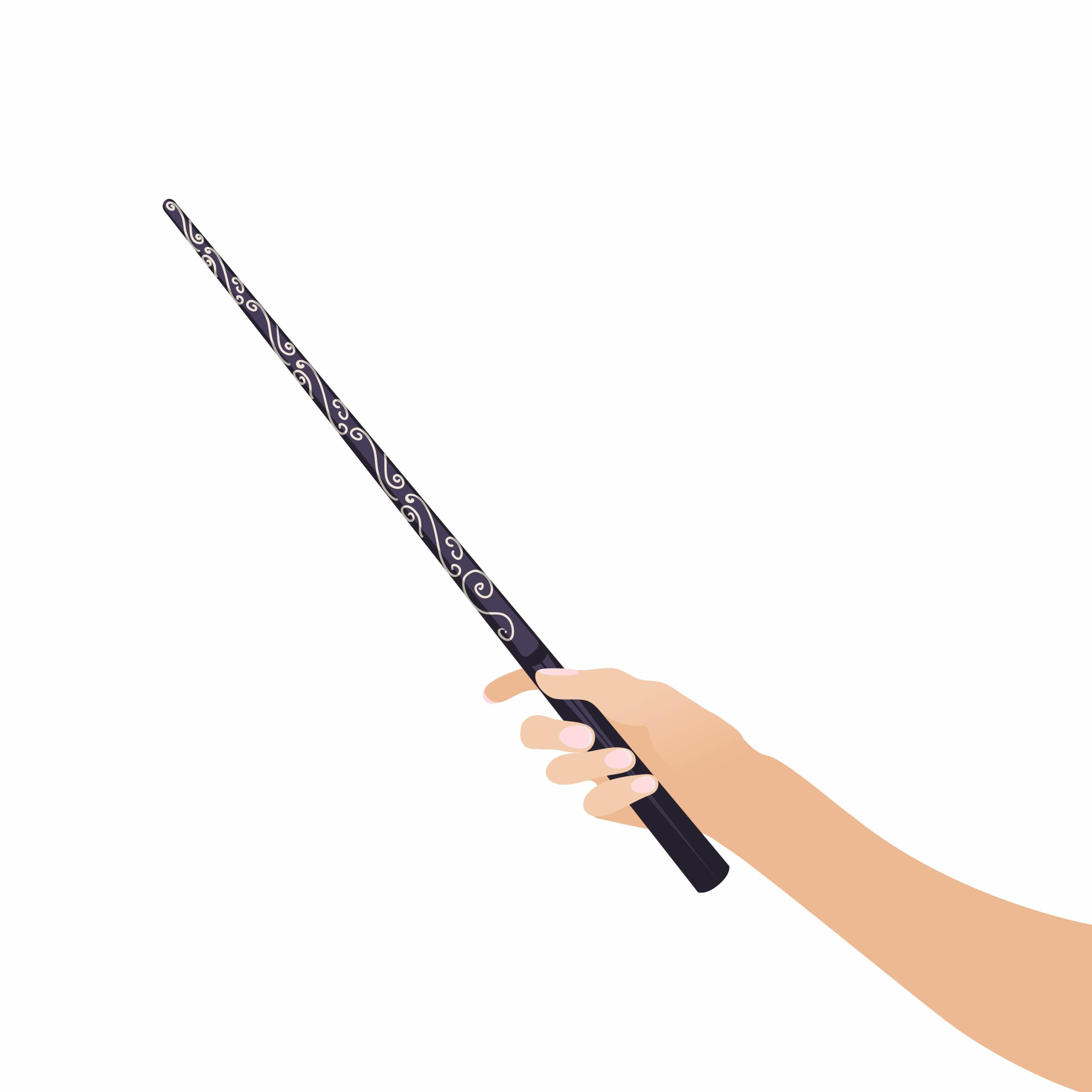 cartoon hand holding a Harry Potter wand