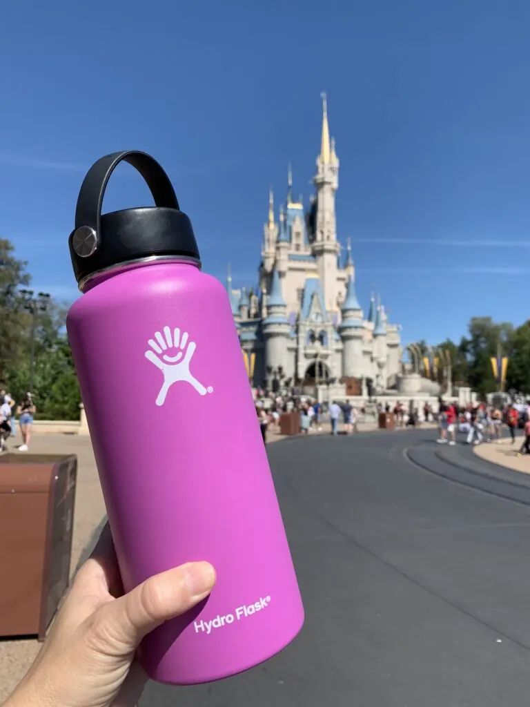 holding a hydro flask water bottle in front of Magic Kingdom Castle in Disney World
