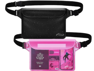 two waterproof fanny packs in black and pink colors