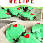 brownies covered in green frosting and red heart candy