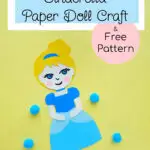 A Cinderella paper doll with 4 blue pom poms on a yellow background.