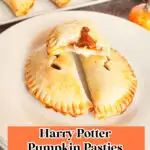 plate of two pumpkin pasties and one half eaten pastie showing sweet pumpkin filling