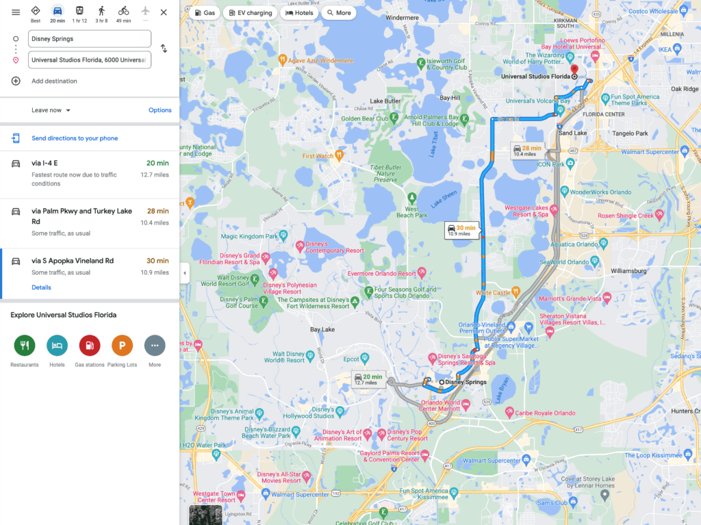 screenshot of Google maps from Disney Springs to Universal Studios