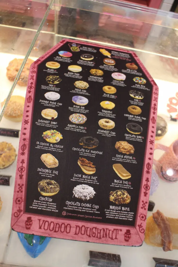 menu for VooDoo Doughnuts at Universal Studios CityWalk