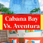 exterior of Aventura hotel and interior of cabana bay hotel room