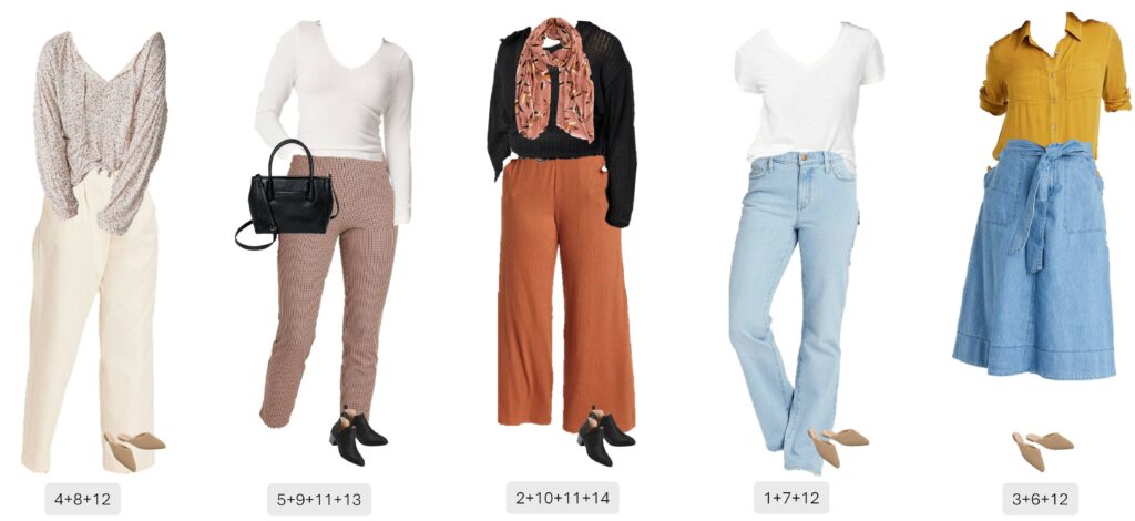 A capsule wardrobe for fall featuring women's outfits in various colors and styles.